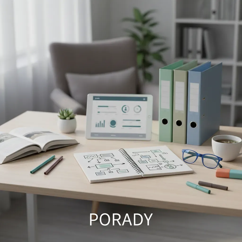 Realistyczne zdjęcie z notatnikiem i narzędziami symbolizującymi praktyczne porady na nowoczesnym tle.